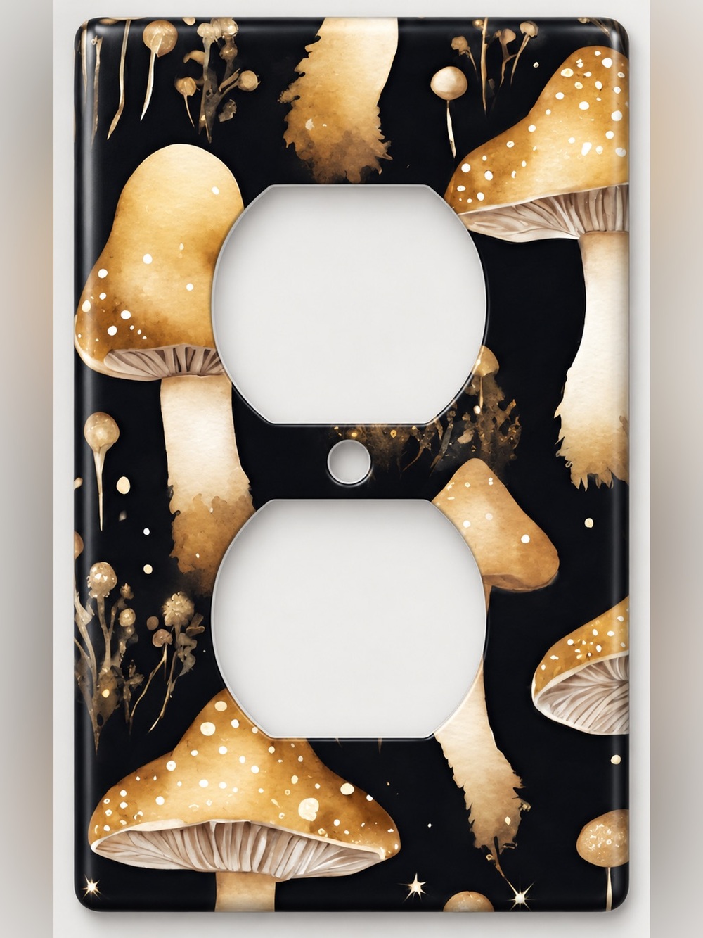 Handmade Golden Mushroom Whimsigoth Duplex Outlet Cover Plate